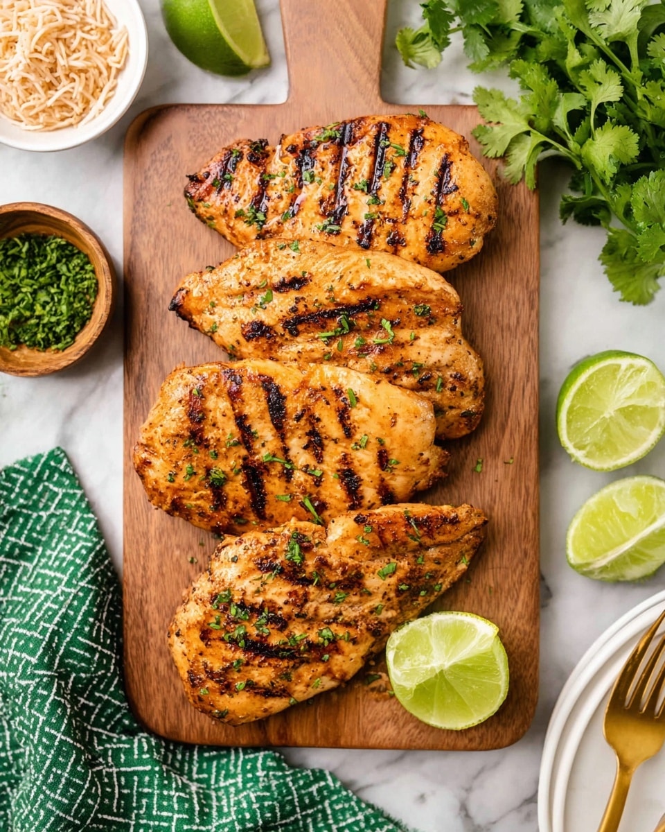 The image shows four grilled chicken pieces with a golden-brown color and grill marks, stacked closely on a wooden board. The chicken is sprinkled with small green herb leaves, adding fresh contrast. Around the board, there are several lime halves and wedges with a light green inside, placed on a white marbled surface. To the left of the board, there are fresh green cilantro leaves and a small white bowl filled with light brown shredded ingredients. On the lower left corner, a green cloth with a white diamond pattern is partially visible, and on the lower right corner, the edge of a white plate with a gold fork is seen. Photo taken with an iphone --ar 4:5 --v 7