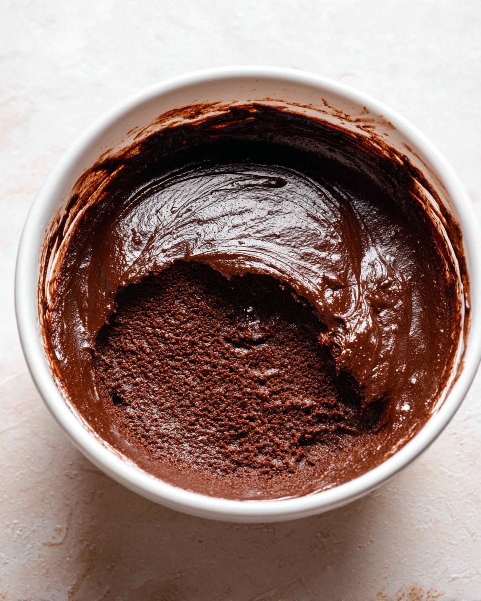 The image shows a white bowl filled with thick, smooth dark chocolate cake batter. The batter has a rich, glossy texture that looks dense and moist. A scoop has been taken from the center, revealing the slightly spongy, soft inner texture of the batter. The sides of the bowl have traces of the dark chocolate batter. The bowl is placed on a white marbled surface. photo taken with an iphone --ar 4:5 --v 7