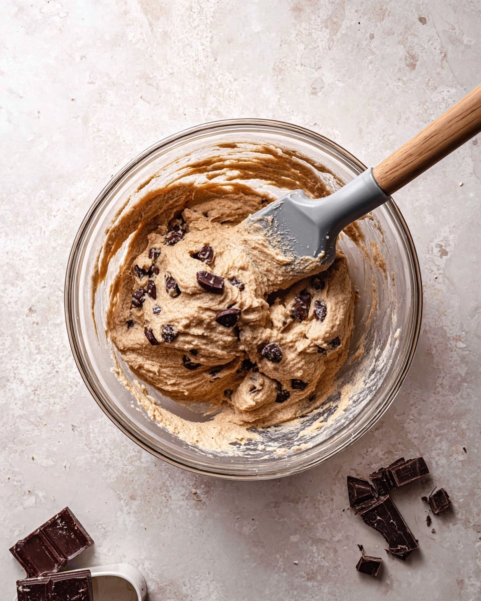 A clear glass bowl sits on a white marbled surface, filled with a thick, light brown batter mixed with small dark brown chunks spread unevenly inside. A gray spatula with a wooden handle rests inside the bowl, partially covered in the batter. Around the bowl, small dark brown pieces, likely chocolate, are scattered on the surface along with a small white measuring cup partially visible at the bottom. The overall scene has a soft, natural light with a clean and neutral background. photo taken with an iphone --ar 4:5 --v 7