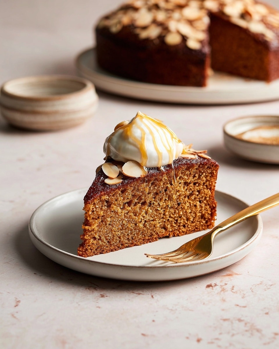 A single thick slice of brown cake sits on a white plate. The top layer of the cake is dark brown with a rough texture and is covered with almond slices. A dollop of white cream with a drizzle of light golden syrup rests on top. The moist inner part of the cake is light brown and spongy. A gold fork lies on the plate next to the cake. In the background on a white plate, there is the remaining round cake with a missing slice. The surface is a white marbled texture. Photo taken with an iphone --ar 4:5 --v 7
