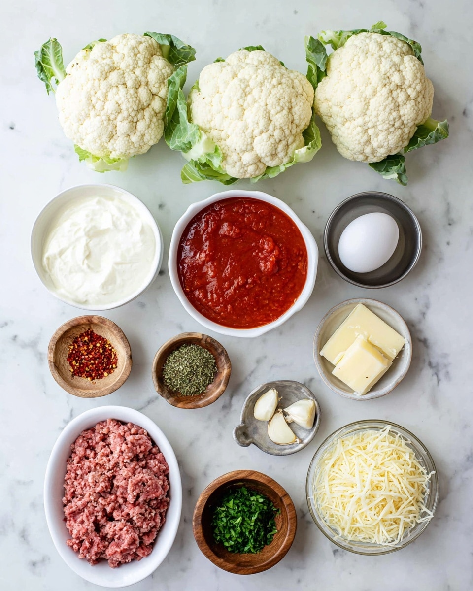 The image shows various ingredients for a dish placed neatly on a white marbled surface. At the top center are two whole cauliflower heads with green leaves around them. Below to the left is a white bowl full of thick white cream, and beside it a small metal bowl with a single white egg. In the middle is a white bowl filled with red tomato sauce. Around these are small bowls with different ingredients: a wooden bowl with red chili flakes, a wooden bowl with dried green herbs, a small white bowl with fresh chopped green herbs, a small wooden bowl with minced garlic, a round metal bowl with grated cheese, and a larger white bowl with shredded cheese. On the bottom left corner is a white oval dish with ground meat. The layout is clean and bright, with the colors standing out clearly. Photo taken with an iphone --ar 4:5 --v 7