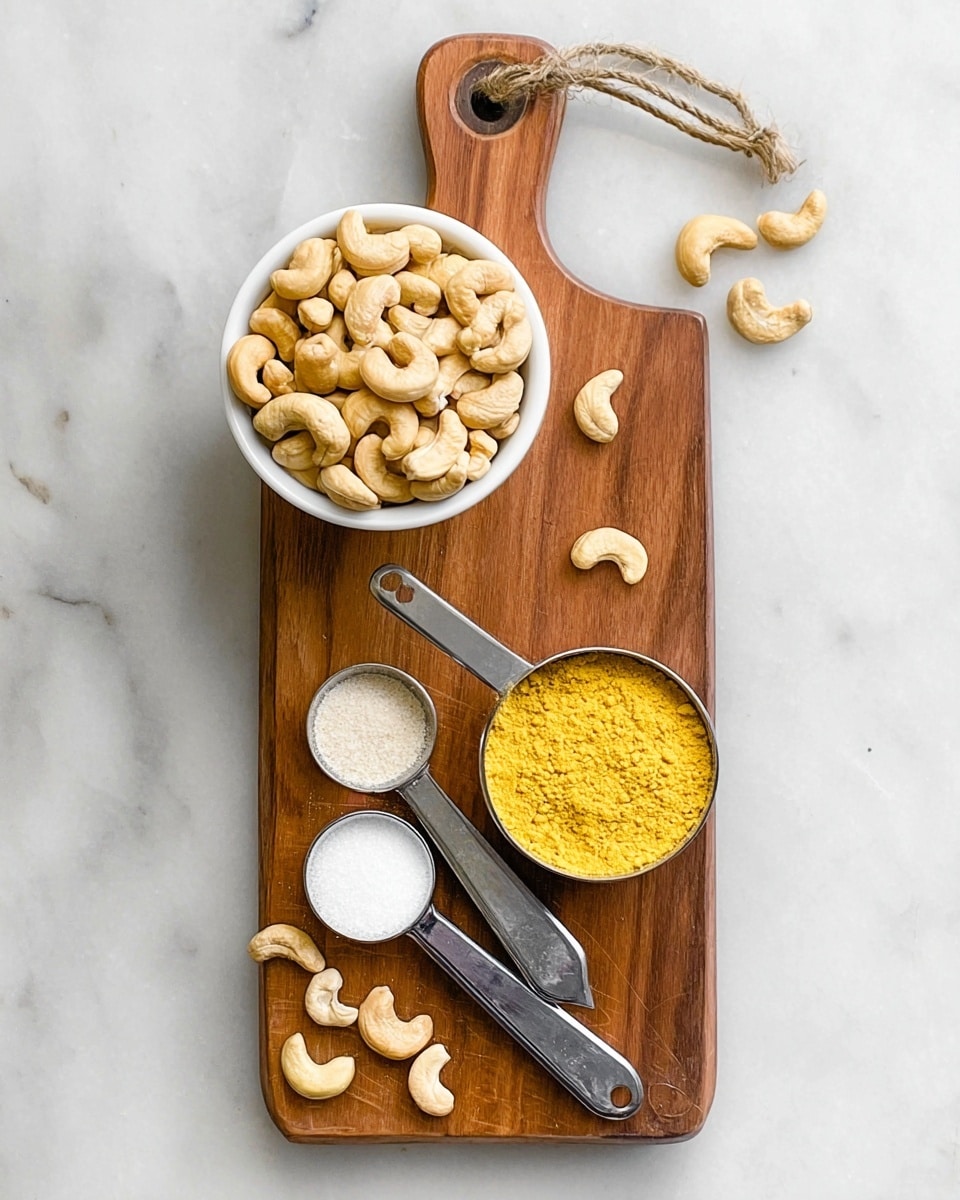 The image shows a wooden cutting board placed on a white marbled surface. On the board, there is a white bowl filled with whole light brown cashew nuts placed at the top left. Below and slightly to the right of the bowl, there is a metal measuring cup filled with bright yellow powder. Near the bottom left of the board, two metal measuring spoons are placed side by side, one filled with white granular salt and the other with a light beige powder. A few individual cashew nuts are also scattered around the bowl and measuring cup on the board. Photo taken with an iphone --ar 4:5 --v 7
