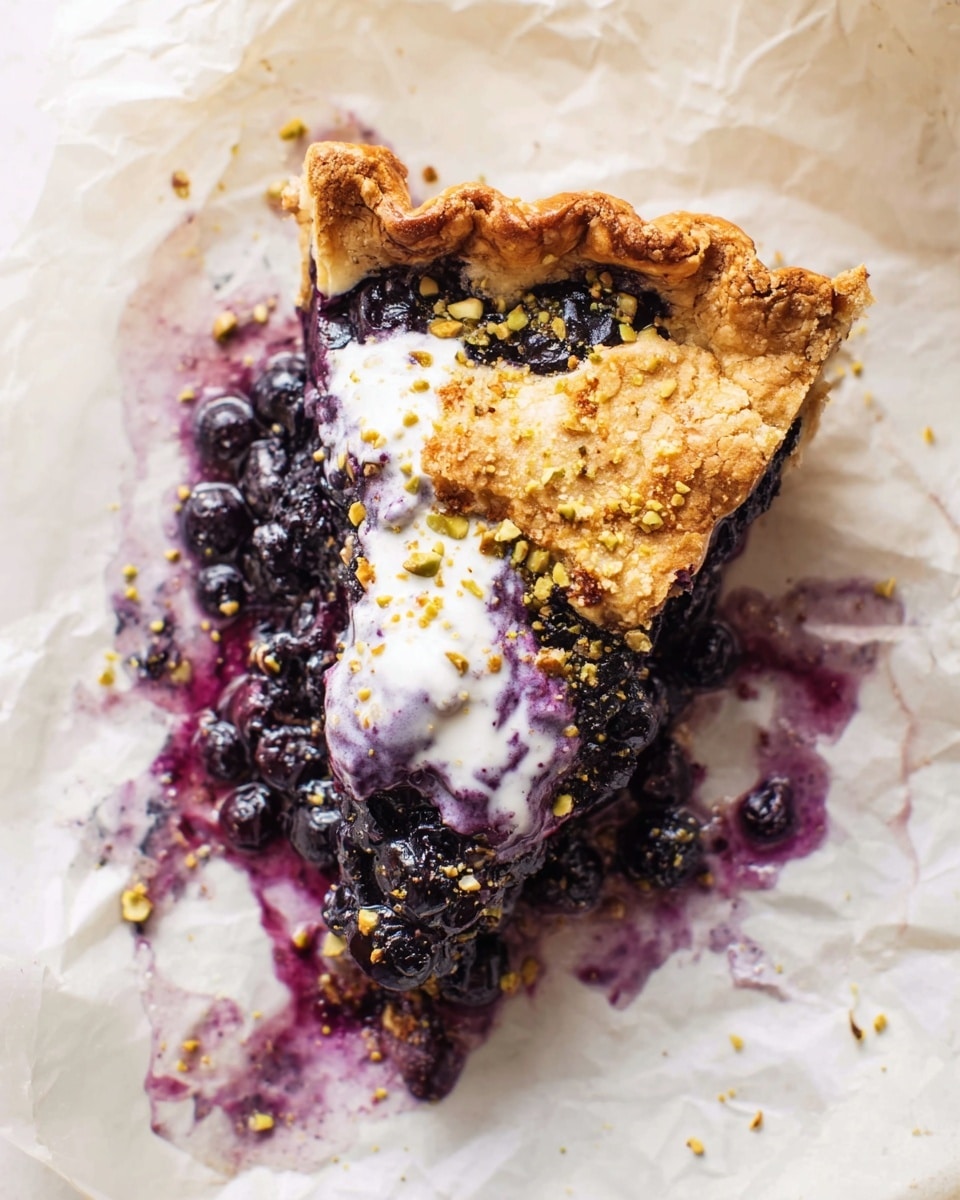 A single slice of blueberry pie rests on a white marbled surface covered with crinkled parchment paper. The pie slice shows two main layers: the top golden-brown crust sprinkled with chopped pistachios, and the thick, juicy blueberry filling beneath, dark purple with visible whole berries. White foam or cream lightly covers part of the filling and edges of the crust, spilling softly onto the parchment and mixing with purple blueberry juice that has stained the paper in irregular patterns. Photo taken with an iphone --ar 4:5 --v 7