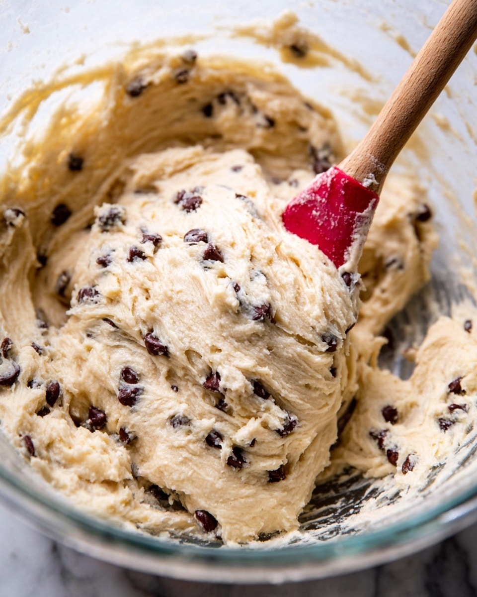 A glass bowl filled with creamy, light beige cookie dough mixed with small dark chocolate chips evenly spread throughout. The dough has a soft, thick texture with some folds and swirls visible, showing the mixing process. A wooden spoon with a red silicone tip is partially dipped into the dough, coated with some of the dough, resting inside the bowl. The background is a white marbled texture. photo taken with an iphone --ar 4:5 --v 7