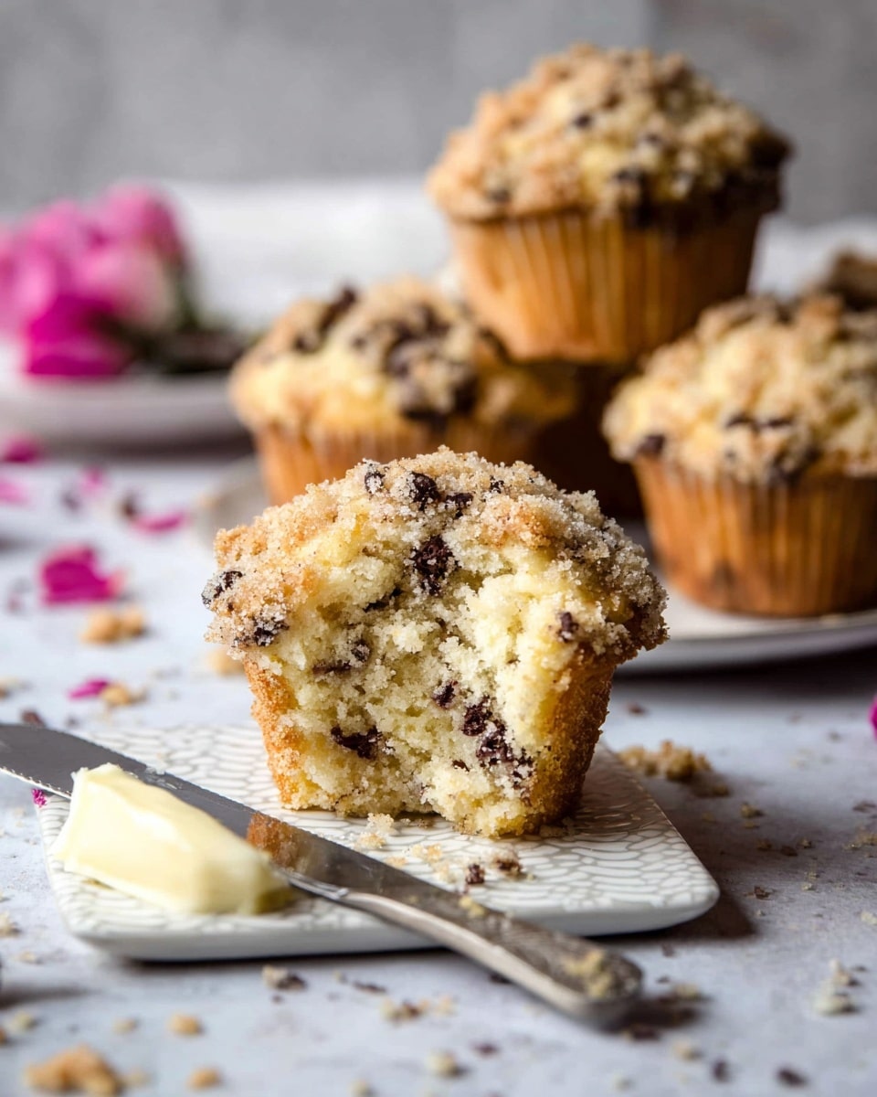 The image shows a close-up of a crumb-topped chocolate chip muffin with one side bitten into, revealing a soft, light yellow inside dotted with small dark chocolate chips. The muffin has a golden-brown crumbly top and a slightly darker baked bottom. It sits on a white patterned square plate that also holds a butter knife with a bit of butter on its tip. In the background, there are three more whole muffins with the same crumb topping, out of focus, on a white marbled surface with some crumbs and pink flower petals scattered around. The photo taken with an iphone --ar 4:5 --v 7