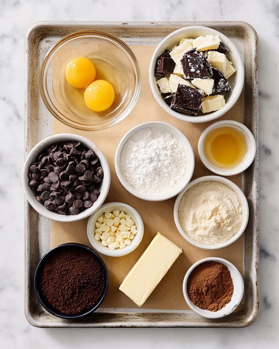 A metal baking tray holds nine small white bowls and one piece of butter on brown paper, arranged neatly in rows on a white marbled surface. The top row includes a glass bowl with two egg yolks, a white bowl filled with broken dark cookie pieces with white cream, a white bowl full of white powder, and a white bowl with dark chocolate chips. Below them are a small black bowl with a white powder, a white bowl with light brown sugar, a white bowl with dark and lighter brown powder, and two small white bowls with white chocolate chips and golden syrup. The piece of butter is rectangular and pale yellow. photo taken with an iphone --ar 4:5 --v 7