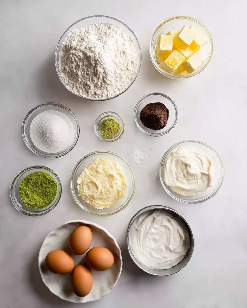 The image shows various baking ingredients neatly arranged on a white marbled surface. There are nine small clear glass bowls, each holding different ingredients: one with flour, one with sugar, one with cubed butter topped with lemon zest, one with a dark brown paste, one with a green powder, one with a white powder, one with a white creamy substance, one with an off-white creamy substance, and one contains three brown eggs sitting on a white ceramic holder. A round metal springform pan with a removable base is placed on the bottom right of the setup. The lighting is bright, making the colors of the ingredients clear and distinct. photo taken with an iphone --ar 4:5 --v 7