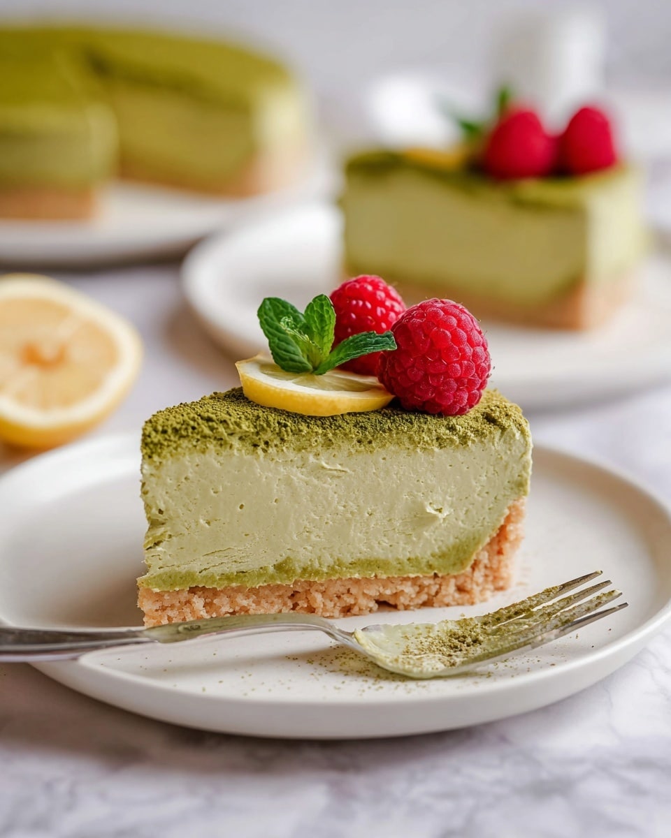 A slice of green tea cheesecake with three visible layers: the bottom is a light beige crumbly crust, the middle is a thick pale green creamy layer, and the top is a darker green powder dusting. On top, two bright red raspberries and a small lemon slice are placed next to a small green mint leaf. The cake slice sits on a white round plate with a white marbled surface beneath. In the background, there is another similar slice on a white plate, and a fork holds a small piece of the cake. Photo taken with an iphone --ar 4:5 --v 7