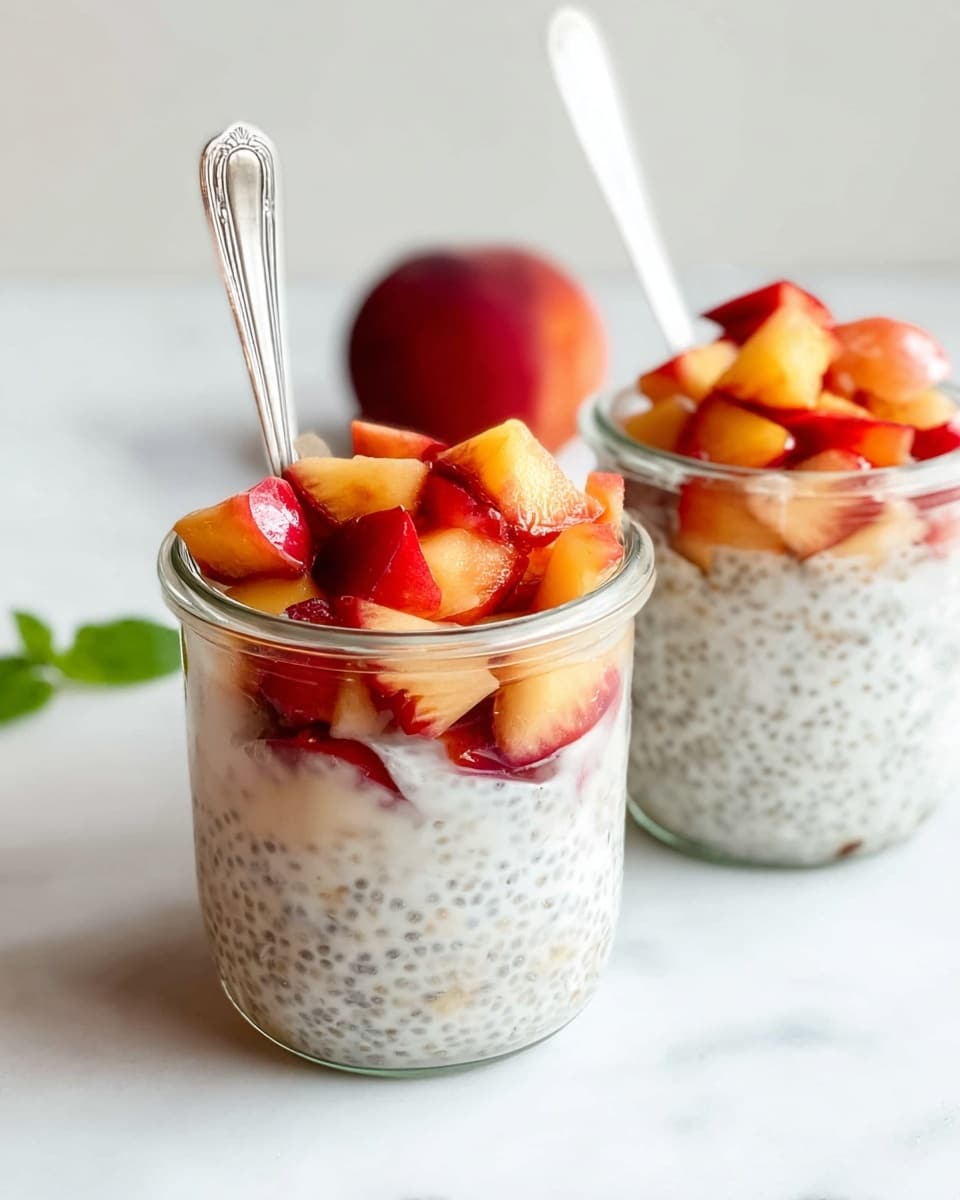 Two glass jars each show three layers: the bottom and middle layers are creamy white chia pudding with many tiny dark chia seeds giving a speckled look, filling most of the jars; the top layer is bright red and light orange chopped peach pieces that look fresh and juicy, sitting over the pudding. Each jar has a silver spoon standing upright inside. The scene is set on a white marbled surface with a soft mint leaf and a whole peach blurred in the background. Photo taken with an iphone --ar 4:5 --v 7
