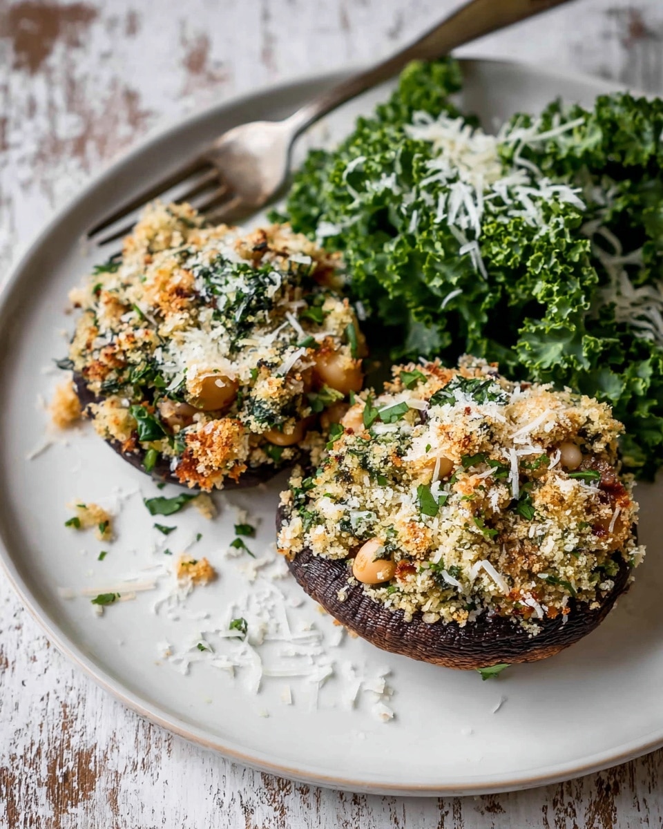Two large stuffed mushrooms sit side by side on a white plate with a white marbled texture background. Each mushroom has a dark brown base, topped with a layer of light golden breadcrumbs mixed with chopped green herbs and small white beans, giving a crumbly texture with green and cream colors. On the right side of the plate, there is a bunch of fresh kale leaves covered with a fine grate of white cheese. A silver fork rests near the kale, and some grated cheese is scattered lightly around the plate. Photo taken with an iphone --ar 4:5 --v 7