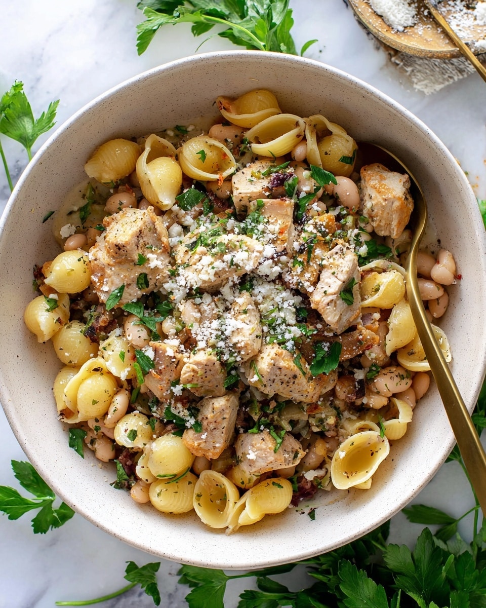 A white bowl holds a pasta dish with three main layers: the bottom layer has small shell-shaped yellow pasta mixed with light brown beans, the middle layer consists of large, unevenly cut light beige chicken pieces seasoned with specks of black pepper and herbs, and the top layer is sprinkled with bright green parsley leaves and a light dusting of grated cheese. The pasta shells show a slightly shiny texture, and the chicken pieces are chunky with a tender texture. A gold fork rests inside the bowl, and the bowl sits on a white marbled surface with some parsley sprigs around, creating a fresh and inviting look. Photo taken with an iphone --ar 4:5 --v 7