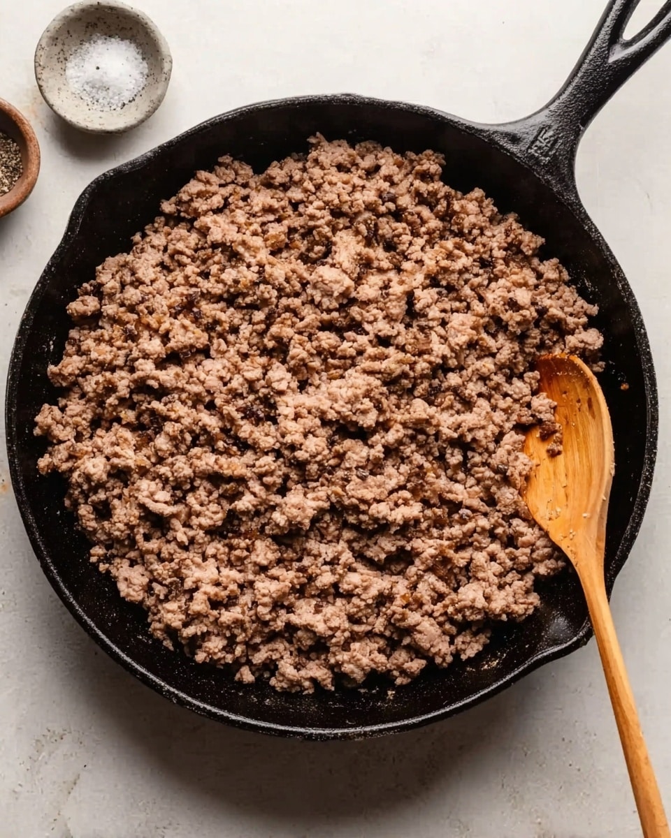 A black cast iron pan filled with cooked ground meat evenly spread across the surface, showing a crumbly texture with small chunks of meat. A wooden spoon rests on the right side of the pan, partially inside the meat. The pan sits on a white marbled surface with small containers of salt and pepper nearby. The color palette is warm brown for the meat, dark black for the pan, and neutral wood tone for the spoon. photo taken with an iphone --ar 4:5 --v 7