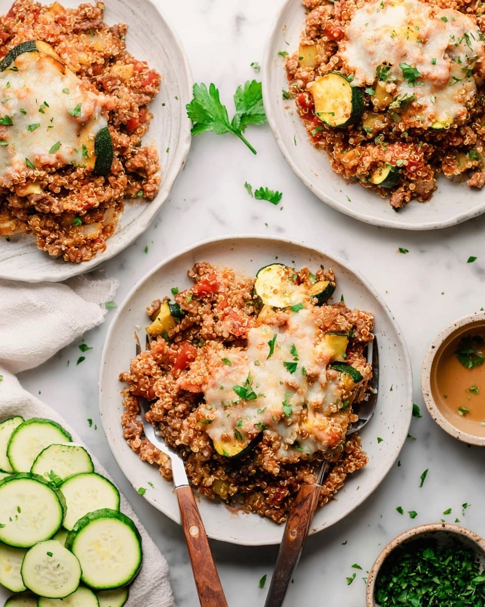 The image shows three white plates with a quinoa casserole. Each plate holds about two layers: the bottom layer is a mix of cooked quinoa with small pieces of browned meat and small chunks of green and yellow squash with bits of tomato, giving it a grainy, colorful texture; the top layer has melted cheese, slightly browned, covering some of the squash and quinoa mixture, garnished with small green parsley pieces. One plate has a wooden spoon resting on its edge. The plates are placed on a white marbled surface, surrounded by fresh sliced zucchini and small bowls of chopped parsley and sauce. photo taken with an iphone --ar 4:5 --v 7