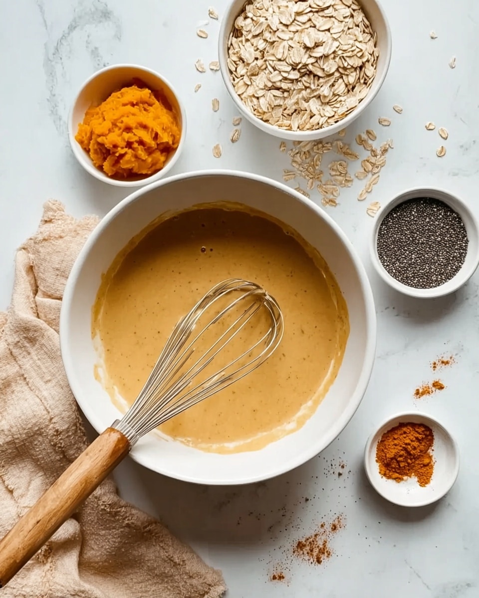 The image shows a white bowl filled with light brown batter in the center, with a metal whisk that has a wooden handle resting inside it. Around this main bowl, there are three small white bowls: one filled with oats at the top, another with orange pumpkin puree on the left, and two smaller bowls on the right, one with brown spices and the other with black chia seeds. Some oats are scattered on the white marbled surface, along with a beige cloth placed near the main bowl. The arrangement looks clean and simple, focusing on the ingredients for making a batter. photo taken with an iphone --ar 4:5 --v 7