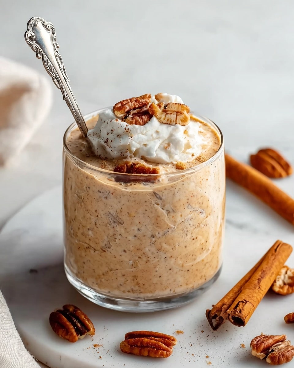 A clear glass filled with a creamy, light brown mixture that looks thick and smooth, with small visible specks throughout. The top has a dollop of white whipped cream with a few pecan nuts scattered on it and around the glass. A silver spoon with a detailed handle is placed inside the glass. The glass sits on a white marbled surface with two cinnamon sticks and some loose pecans nearby, creating a cozy and inviting scene. Photo taken with an iphone --ar 4:5 --v 7