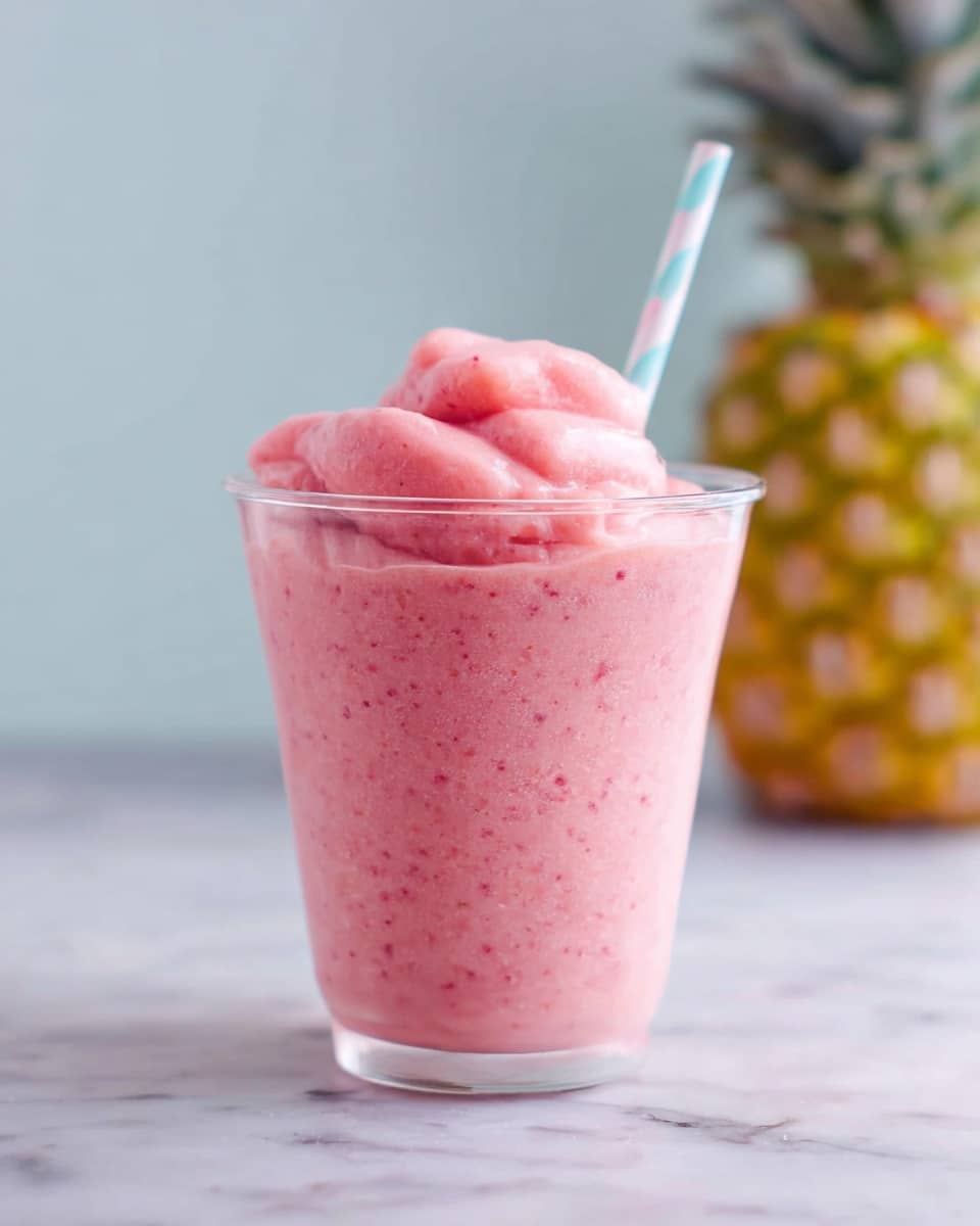 A clear plastic glass filled with thick, pink smoothie swirled in soft, fluffy layers rising above the rim. The smoothie has tiny dark seeds scattered inside, making the texture look slightly speckled. A light blue and white striped straw is sticking into the glass on the right side. In the blurry background, there is a whole pineapple with yellow and green spiky skin sitting on a white marbled surface. The overall setting is bright with soft natural light. photo taken with an iphone --ar 4:5 --v 7