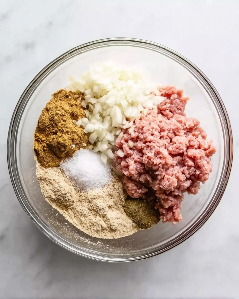 A clear glass bowl sits on a white marbled surface, filled with several unmixed ingredients arranged in separate sections. There is a mound of pink ground meat on the right side, finely chopped white onions on the top left, and minced garlic in the middle. Surrounding these are piles of different spices and powders, mostly beige and light brown in color, with a small portion of white salt at the bottom. The ingredients fill the bowl evenly but stay distinct from each other, ready to be mixed photo taken with an iphone --ar 4:5 --v 7