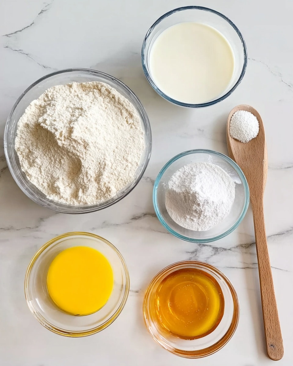 The image shows five clear glass bowls arranged on a white marbled surface. The largest bowl at the top center contains a small amount of milk, which is white and smooth. Below it to the left, a medium bowl holds white flour with a slightly powdery texture. To the right, a wooden spoon with a rounded end rests on the surface, holding a scoop of white baking powder, which appears fine and powdery. In the middle, a small glass bowl of bright yellow melted butter is placed between the flour and milk bowls. At the bottom right, another small transparent bowl contains golden honey with a thick and sticky texture. Photo taken with an iphone --ar 4:5 --v 7