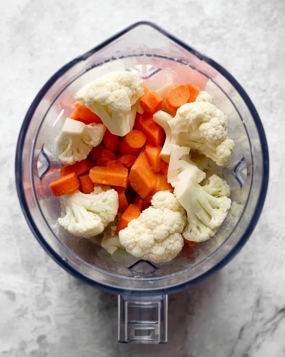 The image shows a blender container from a top view, filled with large pieces of raw cauliflower and carrot chunks. The cauliflower pieces are white with a bumpy texture, and the carrot chunks are bright orange, cut into small thick sticks. The blender container is clear, and the background surface has a white marbled texture visible around it. The pieces are arranged inside the blender in a random mix with more cauliflower than carrot. Photo taken with an iphone --ar 4:5 --v 7