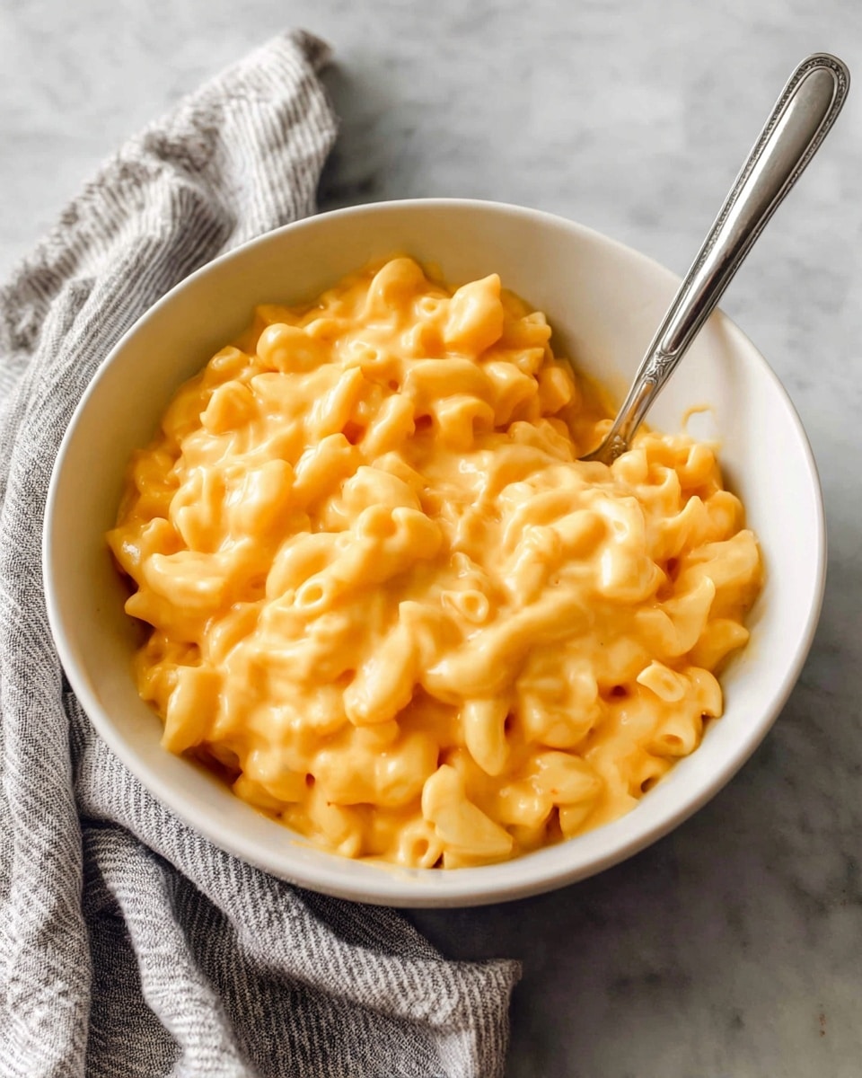 A white bowl filled with creamy macaroni and cheese, showing one layer of small elbow macaroni pasta covered by a thick, smooth, bright orange cheese sauce. A silver spoon is partially placed inside the bowl, resting on the cheese. The bowl is set on a white marbled surface with a gray and white striped cloth nearby. photo taken with an iphone --ar 4:5 --v 7