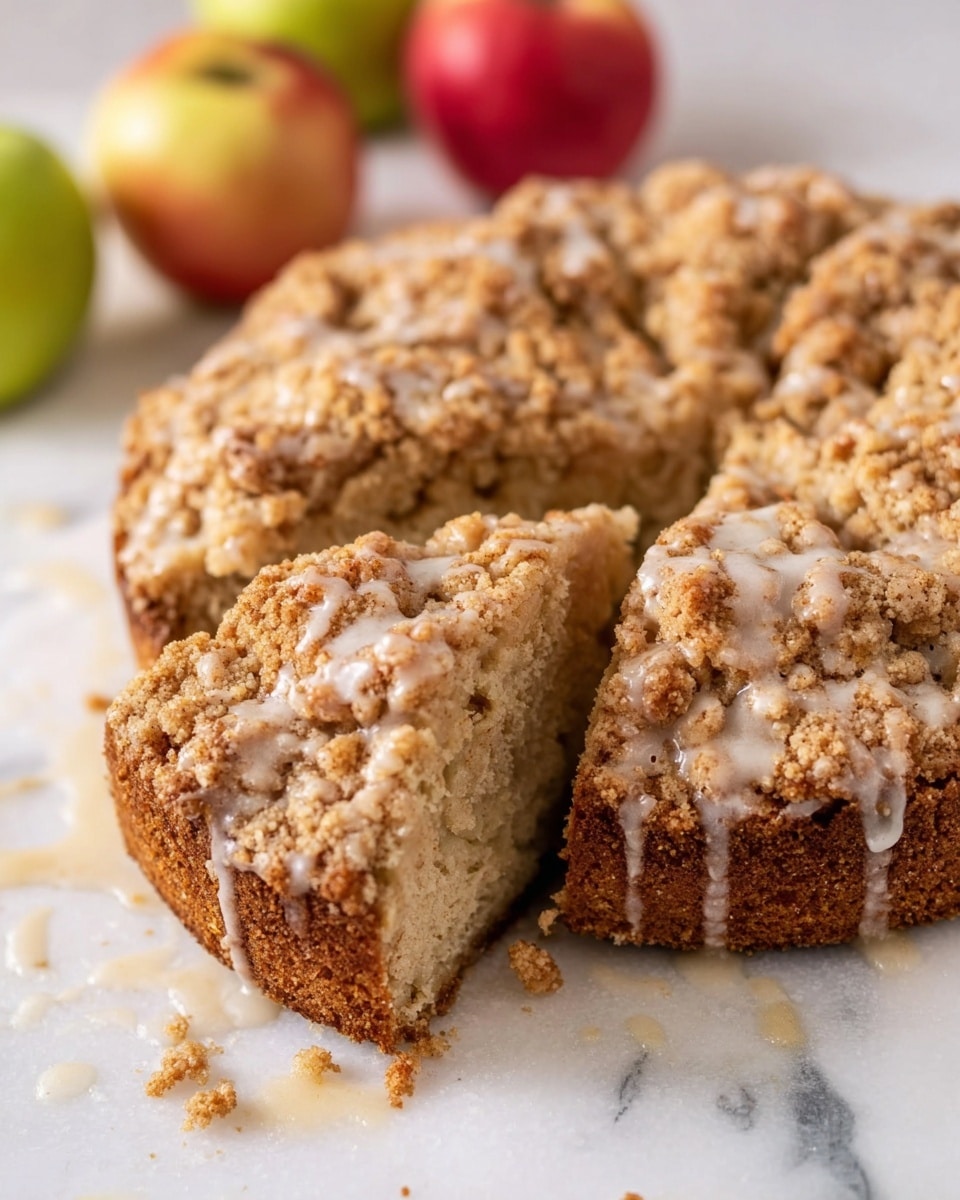 A round crumb cake with a thick, rough crumb topping is shown on a white marbled surface. The cake is divided into slices, with one slice slightly pulled away from the whole, revealing a light brown, soft and moist inside layer. The crumb topping is golden brown and uneven, covering the entire top and drizzling slightly down the sides with a light white glaze. In the background, there are red and green apples that add a fresh and colorful touch to the scene. Photo taken with an iphone --ar 4:5 --v 7