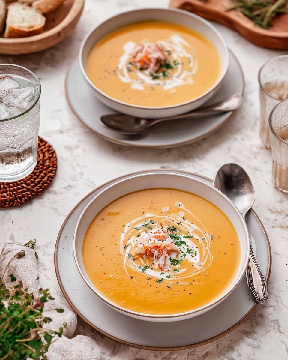 Two white bowls filled with creamy orange soup sit on white plates on a white marbled surface. The soup in each bowl has a swirl of white cream, small pieces of a light pink topping with some red, and green herb sprinkles on top. A silver spoon rests on the plate of each bowl. To the side, there is a glass of clear water with ice on a brown woven coaster, a wooden bowl with bread pieces, and some green herbs in the background. photo taken with an iphone --ar 4:5 --v 7