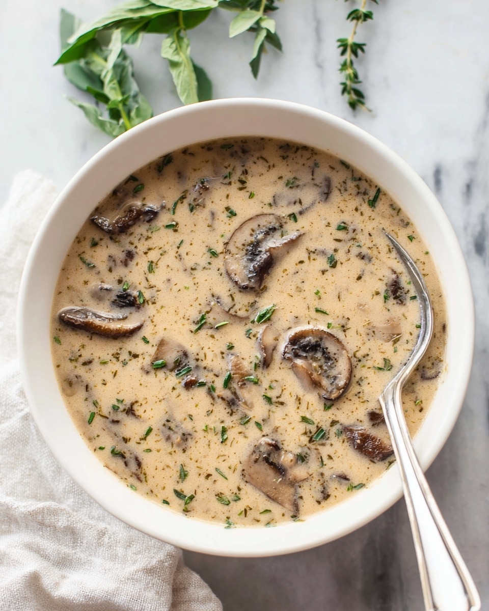 A white bowl filled with creamy beige mushroom soup, showing visible dark brown mushroom slices mixed throughout the thick texture. Small bits of green herbs are sprinkled evenly on top of the soup. A shiny silver spoon rests inside the bowl on the right side, partially covered by the soup. The bowl sits on a surface with a white marbled texture, with some green leaves placed in the upper left corner and a light, soft white cloth nearby. Photo taken with an iphone --ar 4:5 --v 7