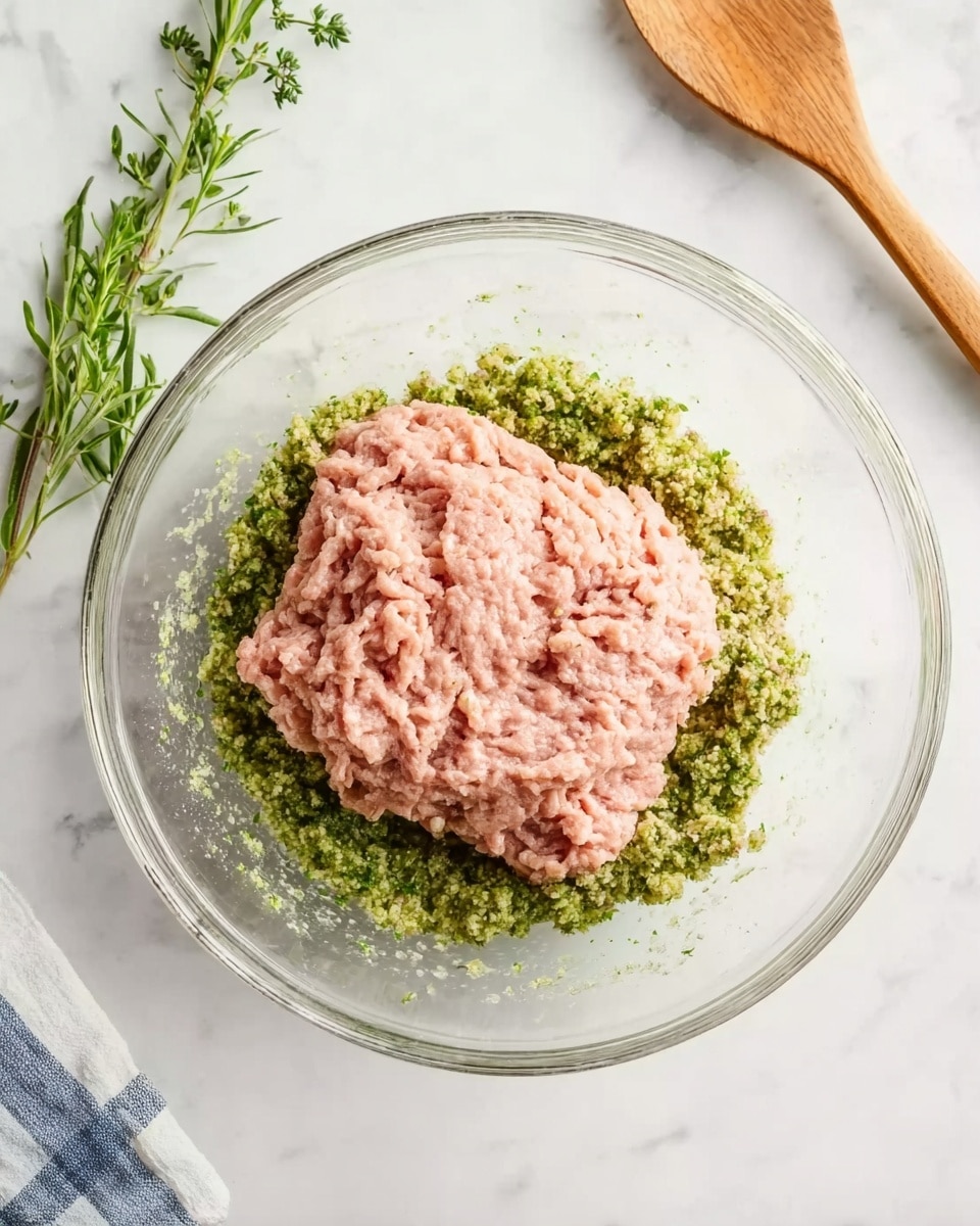 A clear glass mixing bowl sits on a white marbled surface, containing two layers of ingredients. The bottom layer is a green, coarse mixture with a crumbly texture, spread evenly across the base of the bowl. On top of this is a roughly rectangular mound of light pink ground meat, placed in the center, its surface appearing slightly uneven with small ridges and folds. Nearby, green herbs and a wooden spoon are visible on the surface, adding to the kitchen setting. photo taken with an iphone --ar 4:5 --v 7
