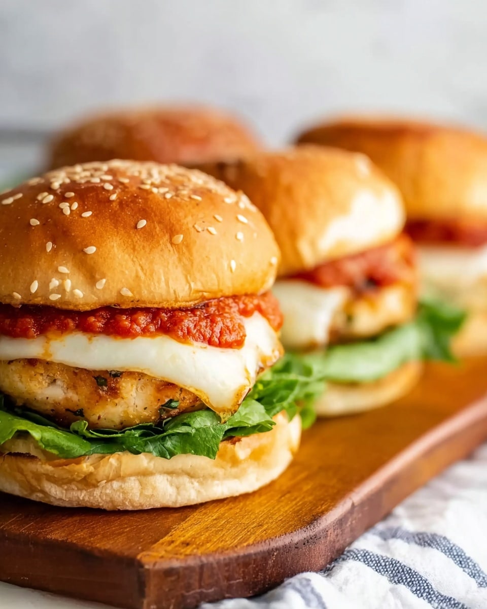 A close-up view of three chicken burgers lined up on a wooden board with a white marbled surface underneath. Each burger is in a soft sesame seed-topped bun. The bottom bun holds fresh green lettuce, followed by a golden-brown chicken patty with a melted white cheese slice on top. Above the cheese is a layer of bright red tomato sauce, then the top bun completes the sandwich. The focus is on the closest burger, with the others softly blurred in the background. The lighting is natural and soft, highlighting the textures and colors. photo taken with an iphone --ar 4:5 --v 7