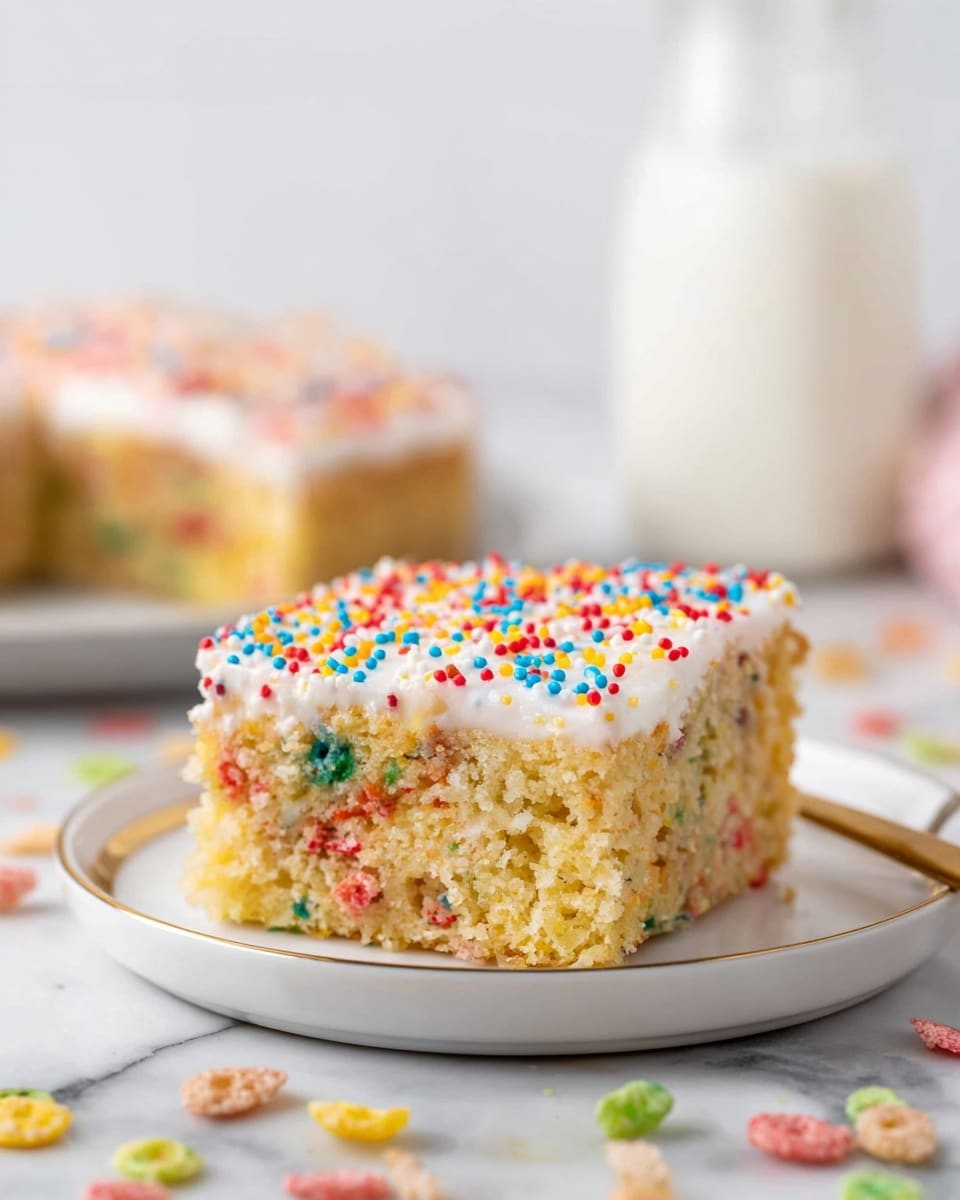 A thick single square piece of yellow cake with small colorful bits inside sits on a white plate with a thin gold rim. The cake has a smooth layer of white frosting on top sprinkled with tiny rainbow sprinkles, adding bright red, blue, yellow, and orange spots. Around the plate and in the background are scattered small colorful cereal pieces matching the sprinkles. Another piece of cake and a clear bottle of milk are blurred in the white marble background. The photo has soft lighting, focusing on the cake's moist texture and vivid colors. photo taken with an iphone --ar 4:5 --v 7