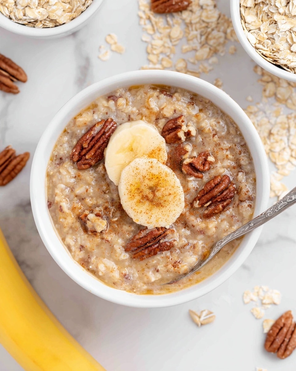 A white bowl filled with oatmeal porridge that has a creamy light brown color with visible oats mixed inside. On top, there are several pecan nut pieces scattered along with a slice of banana dusted with a light sprinkle of cinnamon, all sitting in the center. A silver spoon rests inside the bowl on the right side. Around the bowl, there are scattered dry oat flakes on a white marbled surface, with another white bowl containing more dry oats visible at the top right. A yellow banana appears at the bottom left corner of the image. Photo taken with an iphone --ar 4:5 --v 7