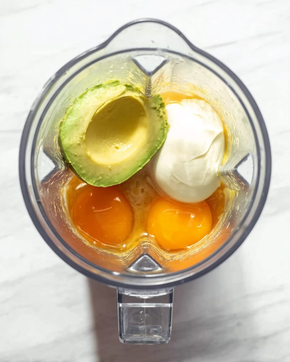 Top view of a clear blender jar on a white marbled surface showing three layers inside: the bottom layer is two bright orange egg yolks, the middle layer is off-white sour cream or yogurt, and the top layer is a green avocado half with smooth, creamy texture sitting on the left side. The jar handle is visible at the bottom. Photo taken with an iphone --ar 4:5 --v 7