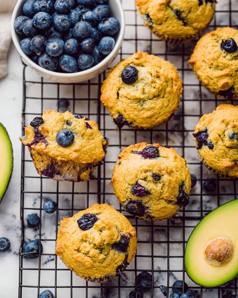 The image shows a group of golden brown muffins studded with dark blueberries, placed on a black wire cooling rack on top of a white marbled surface. The muffins have a rough, slightly cracked texture on top with blueberries visible inside and on top, some bursting slightly from the heat. A white bowl filled with fresh dark blue blueberries sits in the top left corner. There are loose blueberries scattered around the rack and a fresh green avocado cut in half with its pit visible on the right side. The scene is bright and fresh with natural light highlighting the colors and textures. Photo taken with an iphone --ar 4:5 --v 7