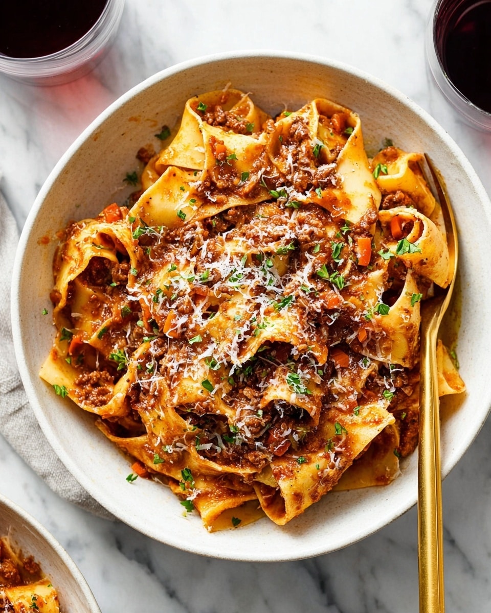 A white bowl filled with wide, flat pasta ribbons layered with a rich, brownish-red meat sauce that clings to the noodles, creating thick, hearty curls and folds. The pasta surface is slightly shiny from the sauce, with visible small chunks of meat and finely diced orange carrots throughout. The dish is topped with a light dusting of grated white cheese and scattered fresh green herbs. A gold fork and spoon rest on the side inside the bowl, placed on a white marbled surface with a glass of dark red liquid visible in the background. Photo taken with an iphone --ar 4:5 --v 7