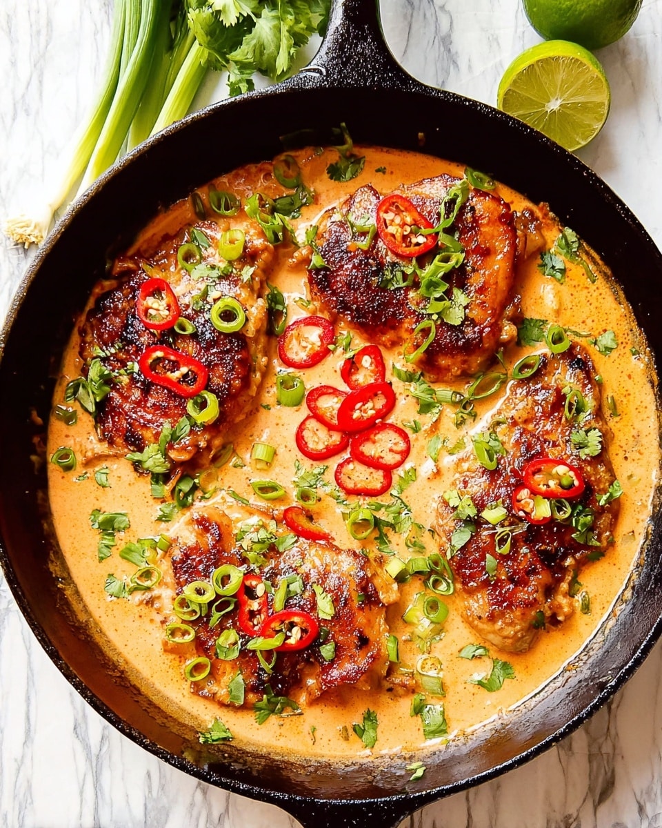 A black skillet contains four browned chicken pieces placed in creamy orange sauce that fills the bottom of the skillet. The chicken is topped with green herbs and slices of green onions scattered evenly. In the center of the skillet, thin slices of red chili peppers add color contrast. The skillet sits on a white marbled surface with some fresh green onions and a halved lime visible at the top. Photo taken with an iphone --ar 4:5 --v 7