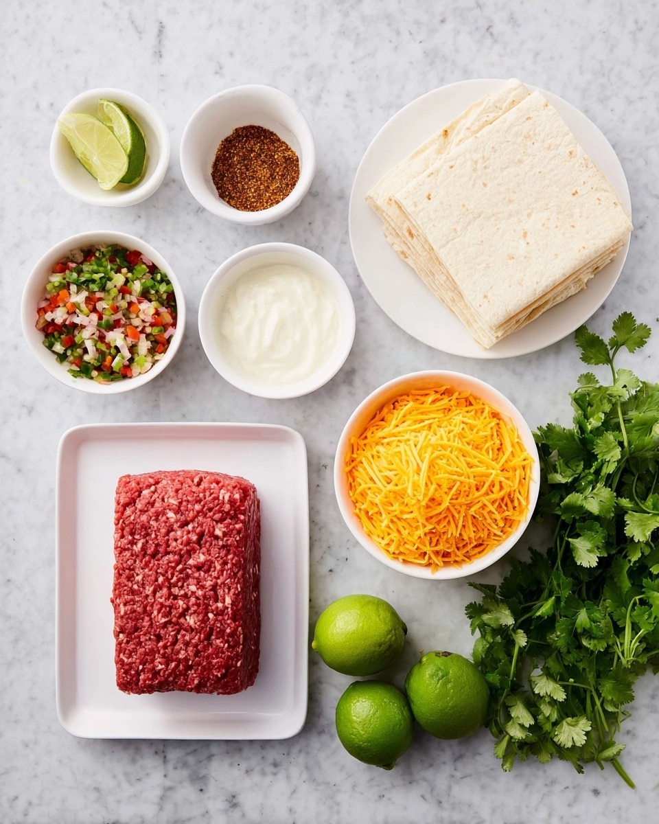 The image shows an overhead view of several ingredients arranged on a white marbled surface. In the bottom left is a white rectangular plate holding a block of red ground meat. Above it are two small white bowls, one filled with finely chopped mixed vegetables in red, green, and white colors, and the other with a brown spice mixture. A small white bowl with a dollop of white sauce is placed to the right of the meat. In the center right is a white round bowl filled with shredded orange cheese. Above it is a white plate stacked with four pale beige square flatbreads. To the right side of the image, two whole green limes rest on the surface near a bunch of fresh cilantro with vibrant green leaves. photo taken with an iphone --ar 4:5 --v 7