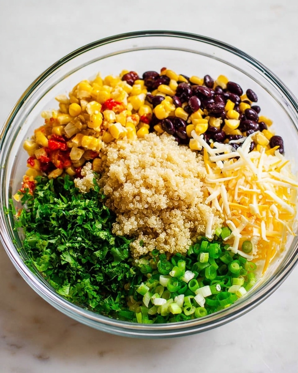 A clear glass bowl sits on a white marbled surface, filled with five separated layers of ingredients. At the bottom center is a mound of light, fluffy quinoa with a soft texture. To the bottom right, there is a pile of chopped bright green scallions. Above the scallions are small black beans mixed lightly with yellow corn and white shredded cheese, creating a contrast of black, yellow, and creamy white colors. To the bottom left side of the bowl, fresh chopped cilantro forms a thick dark green layer. At the top left corner, a mix of yellow roasted corn and small red peppers adds a bright, warm tone. Photo taken with an iphone --ar 4:5 --v 7