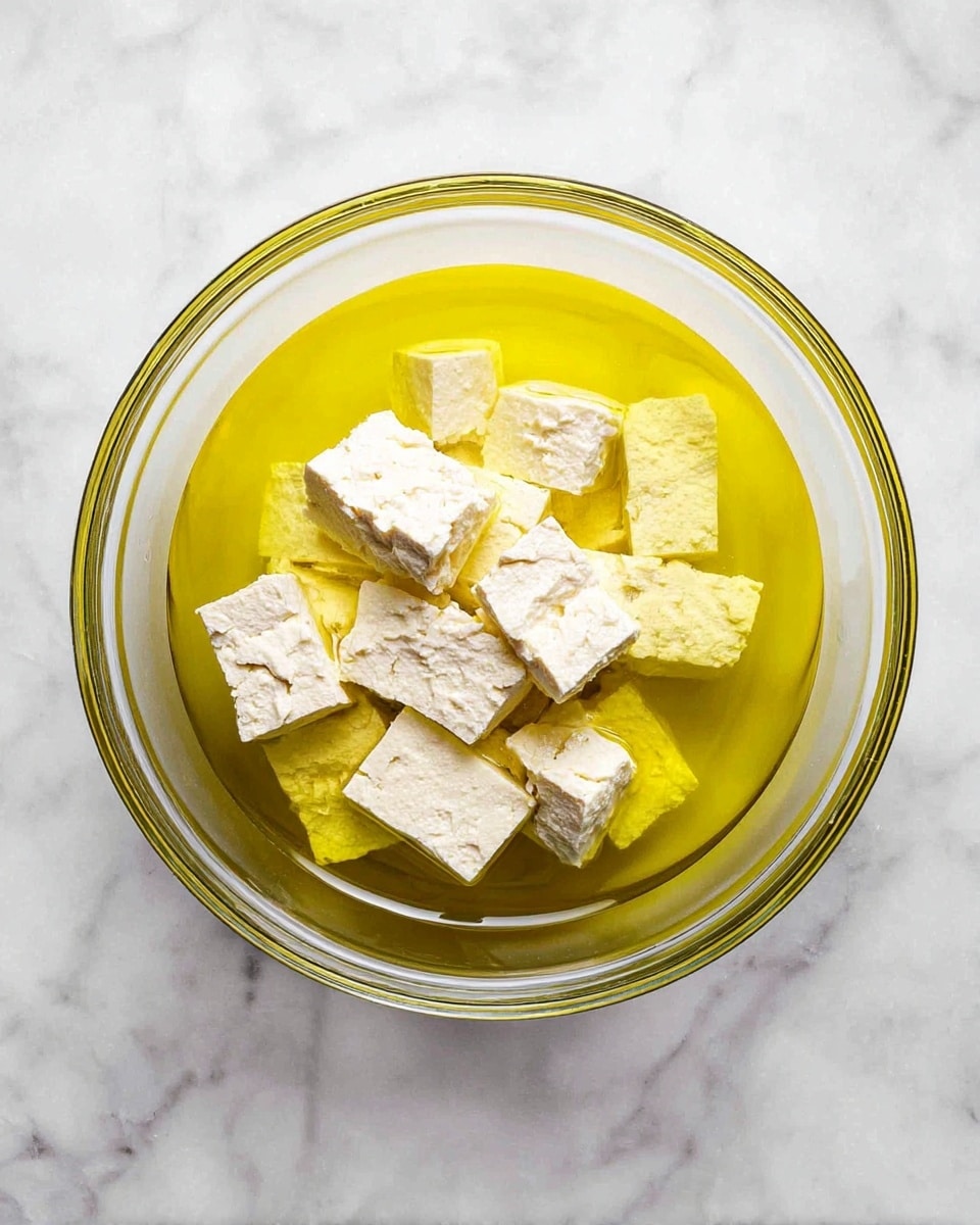 A clear glass bowl sits on a white marbled surface, filled with a yellow liquid, likely oil or broth. Inside the bowl, there are chunks of white tofu. The tofu pieces have a rough, crumbly texture and vary in size, floating evenly in the yellow liquid. The scene is lit brightly, highlighting the translucency of the liquid and the texture of the tofu. Photo taken with an iphone --ar 4:5 --v 7