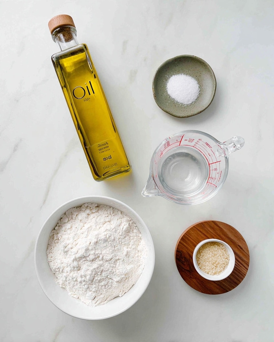 The image shows a white bowl filled with white flour placed on a white marbled surface. Near the bowl, there is a tall clear glass bottle filled with yellow oil, labeled
