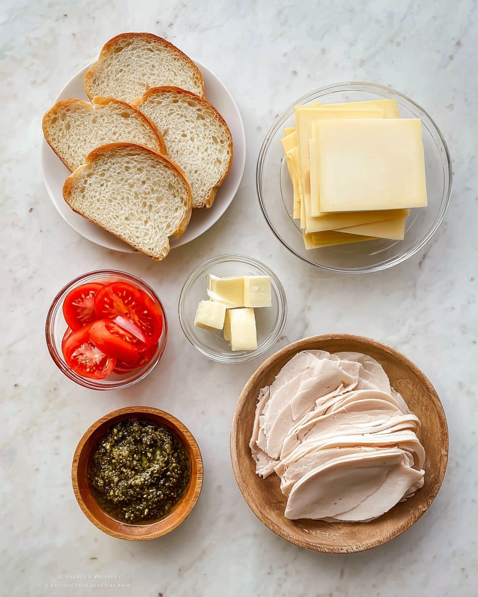 The image shows an overhead view of ingredients arranged on a white marbled surface. On the left, five slices of light golden brown bread with soft white centers rest on a white plate. To the right, a clear glass plate holds neatly stacked square slices of pale yellow cheese. Next to it is a small clear glass bowl with a few pale yellow butter cubes. Below, a round wooden bowl contains several thin pale beige slices of turkey meat with a slightly pinkish tint. To the bottom left, a small wooden bowl contains five bright red tomato slices with visible seeds and juicy texture. Beside it, a small clear bowl filled with dark green pesto sauce with a coarse texture is placed. Photo taken with an iphone --ar 4:5 --v 7