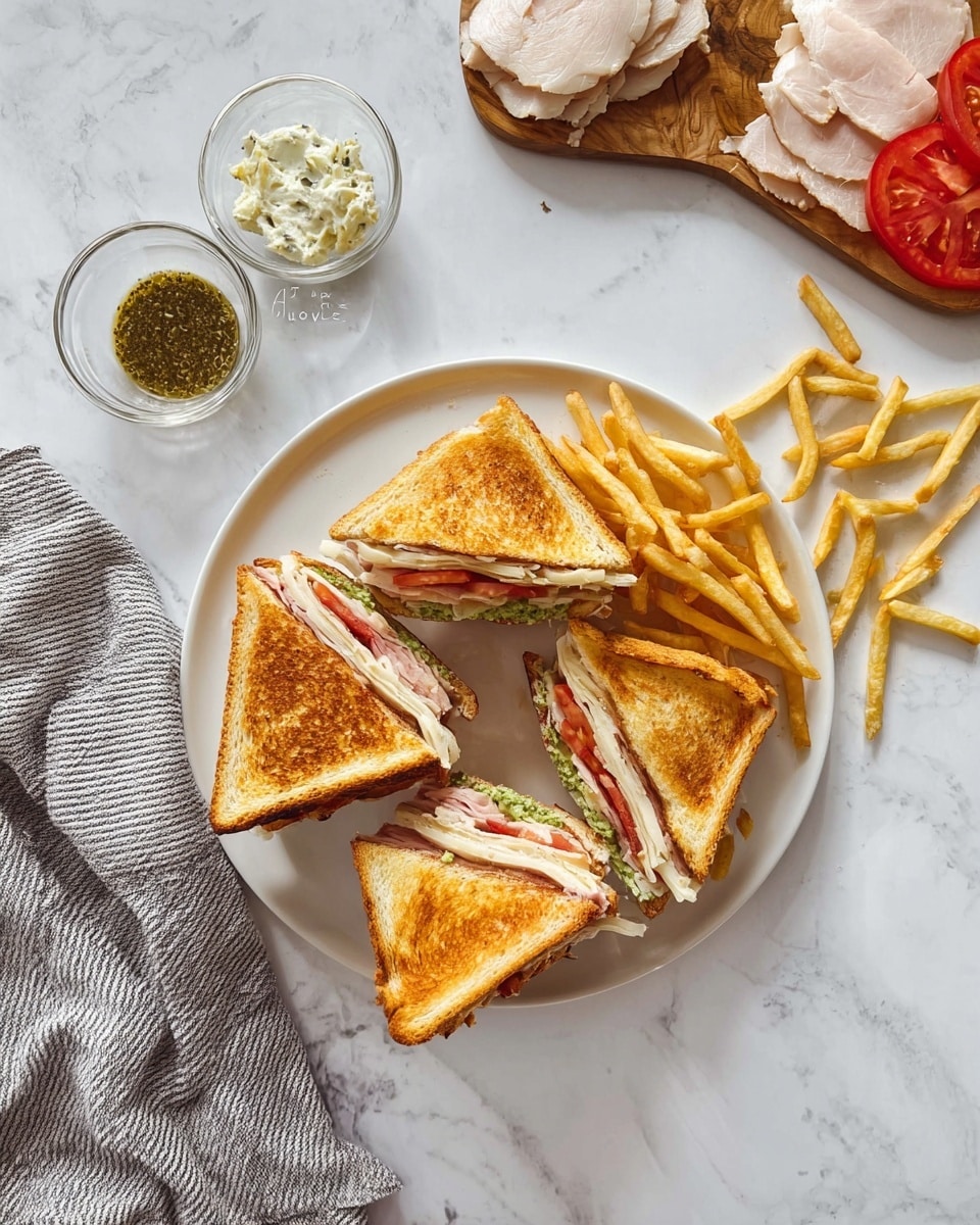 On a white plate placed on a white marbled surface, there are five triangular sandwich pieces with four of them showing a golden toasted crust on the outside. Each sandwich has three visible layers: the bottom layer is light golden toasted bread with a spread of green sauce, the middle layer includes slices of white meat and tomato, and the top layer is a slice of the same toasted bread. To the right of the plate, there is a small pile of thin golden fries scattered slightly outward. On the upper left, there are two clear glass bowls, one with a creamy white spread and the other with a chunky green sauce. Next to these bowls, sliced white meat and tomato slices rest on a small wooden board. A gray and white striped cloth is casually placed at the bottom left corner of the image. photo taken with an iphone --ar 4:5 --v 7
