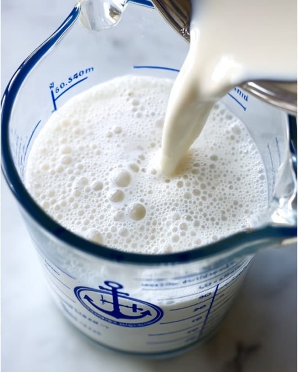 A close-up image of a clear glass measuring cup filled with frothy milk, with milk being poured in from the top right. The milk inside has a light texture with many small bubbles on the surface. The measuring cup has blue markings and an anchor logo, and it sits on a white marbled surface. Photo taken with an iphone --ar 4:5 --v 7