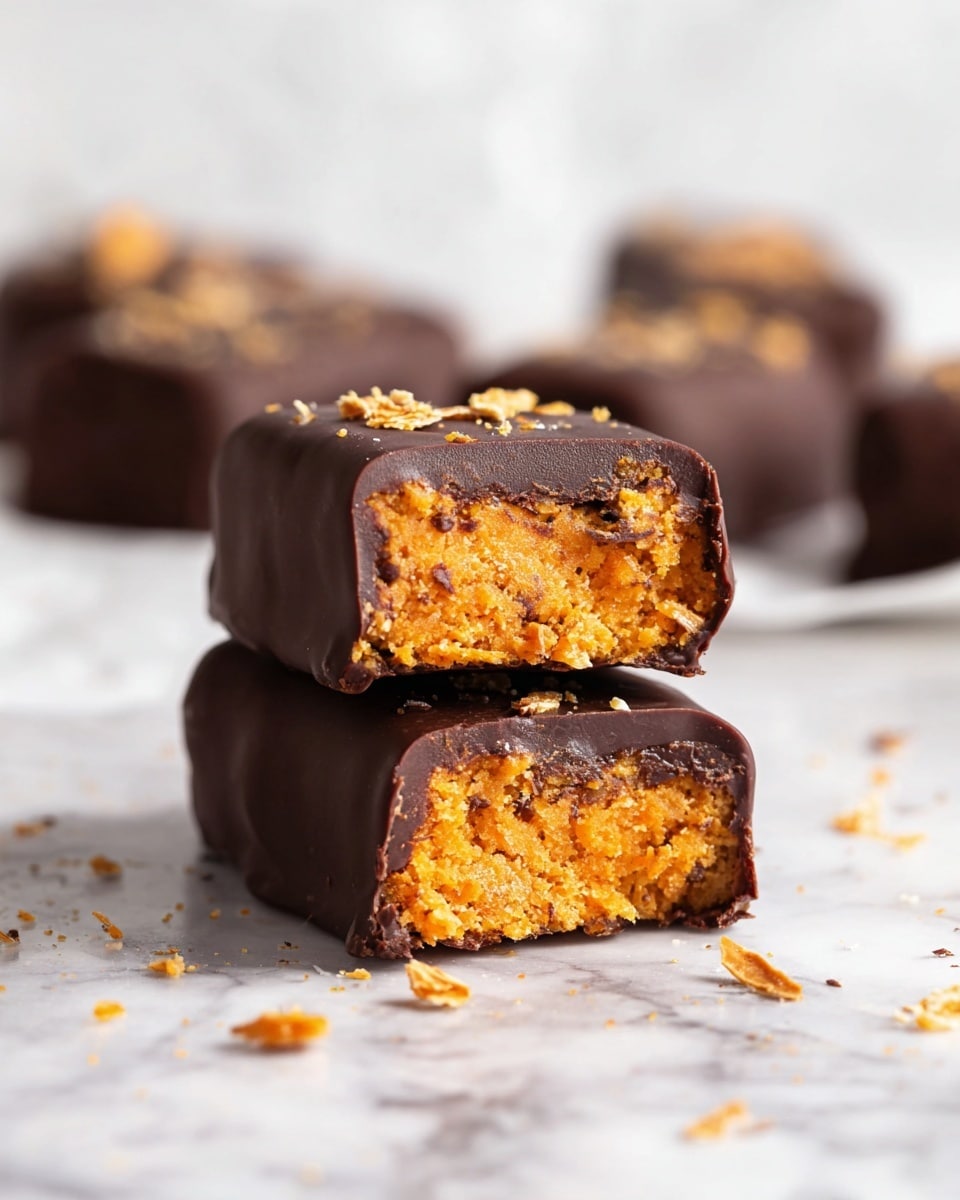 The image shows two stacked chocolate-covered bars on a white marbled surface, with the top bar slightly broken to reveal its inside. Each bar has two layers: a dark chocolate outer layer that is smooth and thick, covering an inner layer of a bright orange, crumbly mixture with small crispy bits visible throughout. There are small flakes or crumbs on top of the chocolate, adding texture, and more bars blurred out in the background on the same white marbled surface. photo taken with an iphone --ar 4:5 --v 7