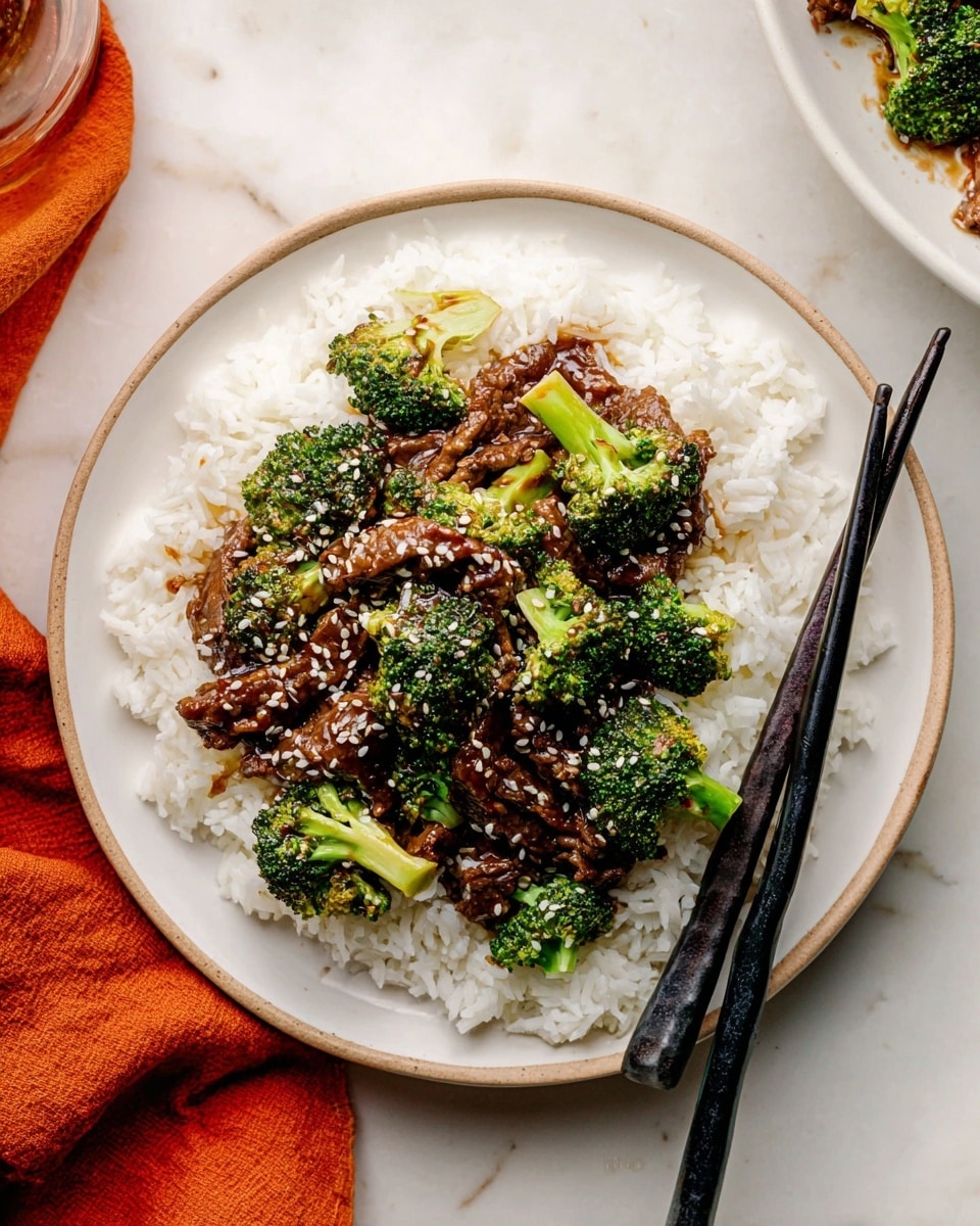 A white plate holds a base layer of white steamed rice with soft, separate grains. On top of the rice is a second layer of stir-fried beef slices that are dark brown and glossy with a shiny sauce. Bright green broccoli florets with a slightly roasted texture are mixed evenly with the beef. Small white sesame seeds are sprinkled lightly over the beef and broccoli, adding a bit of texture and color contrast. Black chopsticks rest on the right side of the plate, pointing toward the food. The setting is on a white marbled surface with part of an orange cloth visible on the left edge. photo taken with an iphone --ar 4:5 --v 7