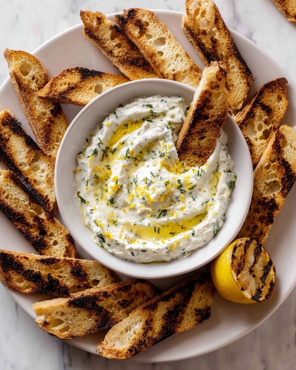 A round white bowl filled with thick, creamy white dip mixed with chopped green herbs and drizzled with golden olive oil and lemon zest, placed at the center of a large white plate. Surrounding the bowl are many toasted bread sticks, golden brown with some darker grill marks, arranged neatly around the bowl. One bread stick is dipped slightly into the dip. At the right side of the plate, a grilled lemon wedge with charred marks is placed. The scene is set on a white marbled surface. photo taken with an iphone --ar 4:5 --v 7