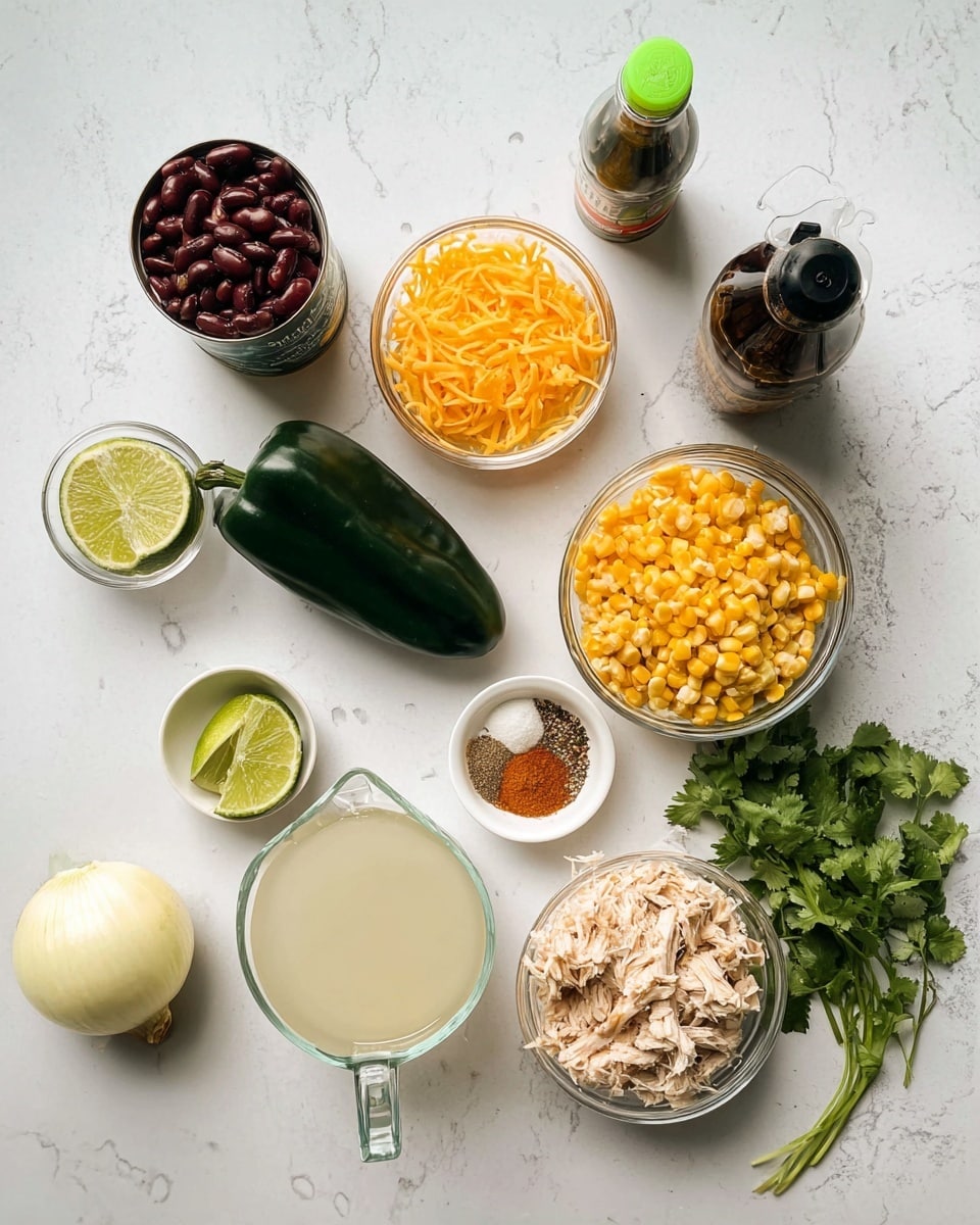 This image shows an arrangement of ingredients on a white marbled surface. In the center is a dark green poblano pepper. Surrounding it are several clear glass bowls: one with shredded orange cheddar cheese at the top, one with yellow corn kernels just below, and one with shredded cooked chicken at the bottom right. To the left, there is an opened can with dark red beans inside, a small white bowl with mixed spices in shades of beige, red, and green, and two lime wedges. An unpeeled whole onion is placed below the poblano pepper next to fresh green cilantro. There are also two clear glass measuring cups, one holding a white liquid and the other a light brown broth. A dark bottle with a bright green cap is near the top right. photo taken with an iphone --ar 4:5 --v 7