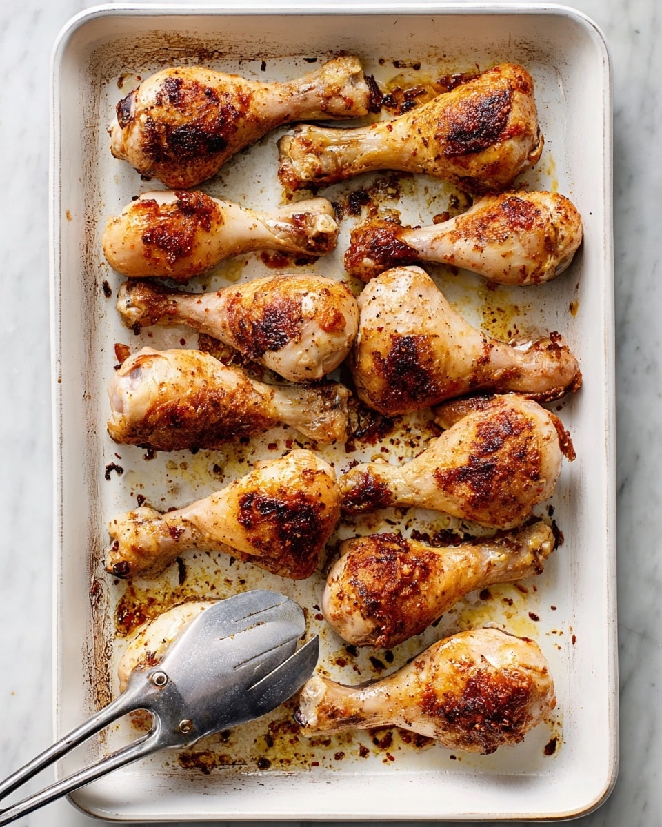 A white baking tray holds eleven cooked chicken drumsticks, arranged in three rows with some space between each piece. The drumsticks have a golden-brown color with crispy skin, showing a mix of light beige and darker browned spots from cooking. Small roasted bits and seasoning flecks are scattered on the tray, along with some oil stains. A metal tong is positioned on the lower left, touching one drumstick. The background surface is white marble, visible around the edges of the tray. Photo taken with an iphone --ar 4:5 --v 7