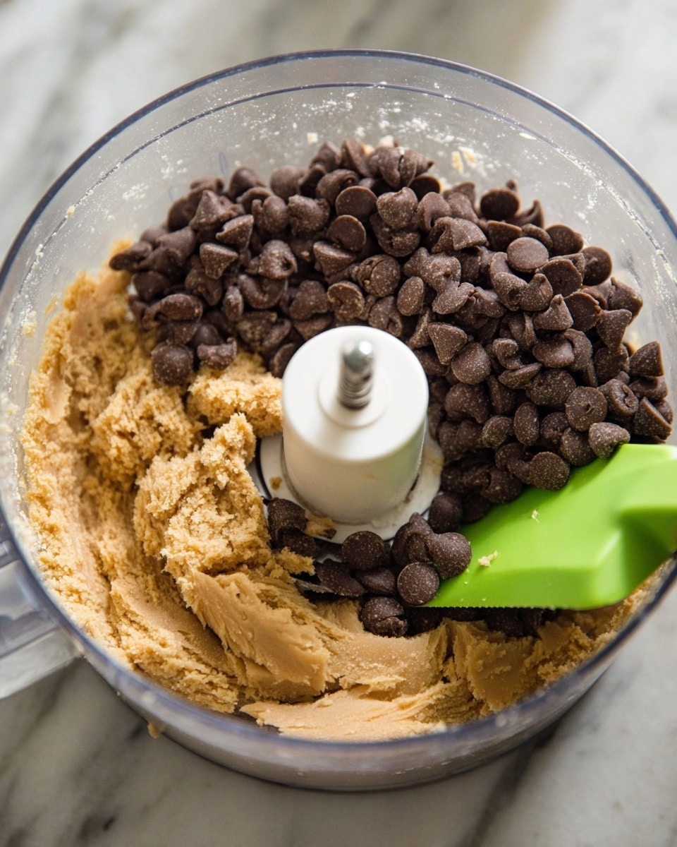 A clear food processor bowl shows two main layers inside: the bottom layer is thick, light brown cookie dough with a smooth but slightly rough texture, and the top layer is a pile of dark brown chocolate chips. A green silicone spatula is partly inside the dough, resting on the right side of the bowl. The food processor blade holder in the center is white with a small metal pin sticking up. The setup is on a white marbled surface. Photo taken with an iphone --ar 4:5 --v 7