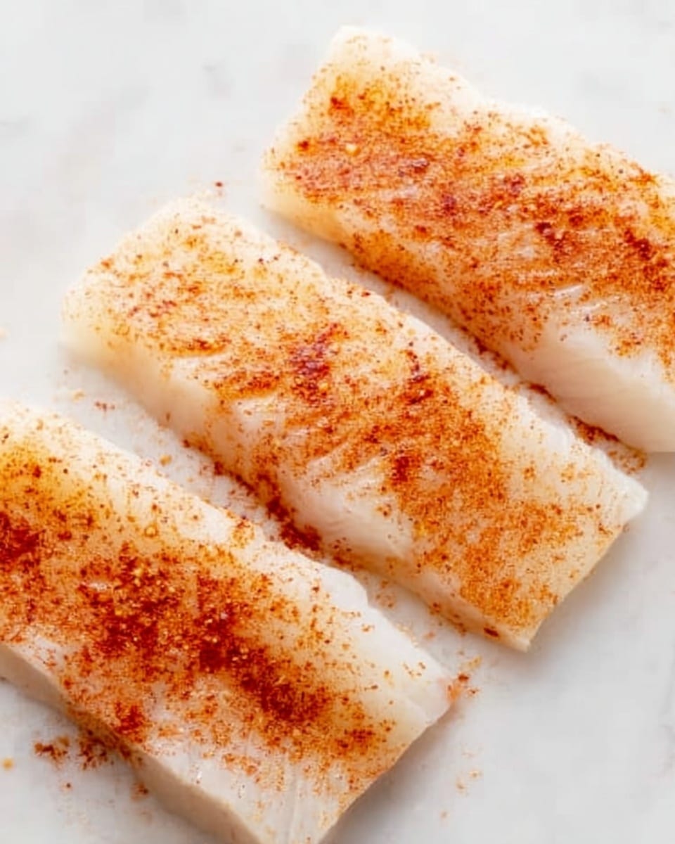 The image shows three white fish fillets lying side by side on a white marbled surface. Each fillet is sprinkled with a light orange-red spice, creating a soft layer of color over the smooth, slightly shiny white fish. The seasoning is evenly spread, with some areas having more coverage, giving a textured look. The edges of the fillets are clean and soft, resting flat and close to each other. The overall light and bright setting make the fillets stand out clearly, emphasizing their fresh and simple appearance. photo taken with an iphone --ar 4:5 --v 7