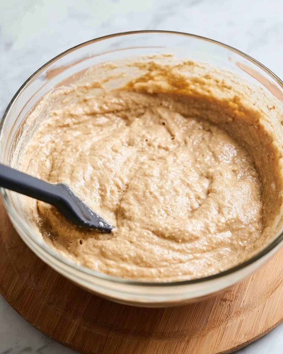 A close-up view of a clear glass bowl filled with thick beige batter that has a slightly lumpy texture, resting on a round wooden board. A black spatula is partially submerged in the batter, positioned towards the left side of the bowl. The background shows a soft white marbled surface, creating a clean and bright setting. The batter fills most of the bowl, showing uneven mixing with small air pockets visible on the surface photo taken with an iphone --ar 4:5 --v 7